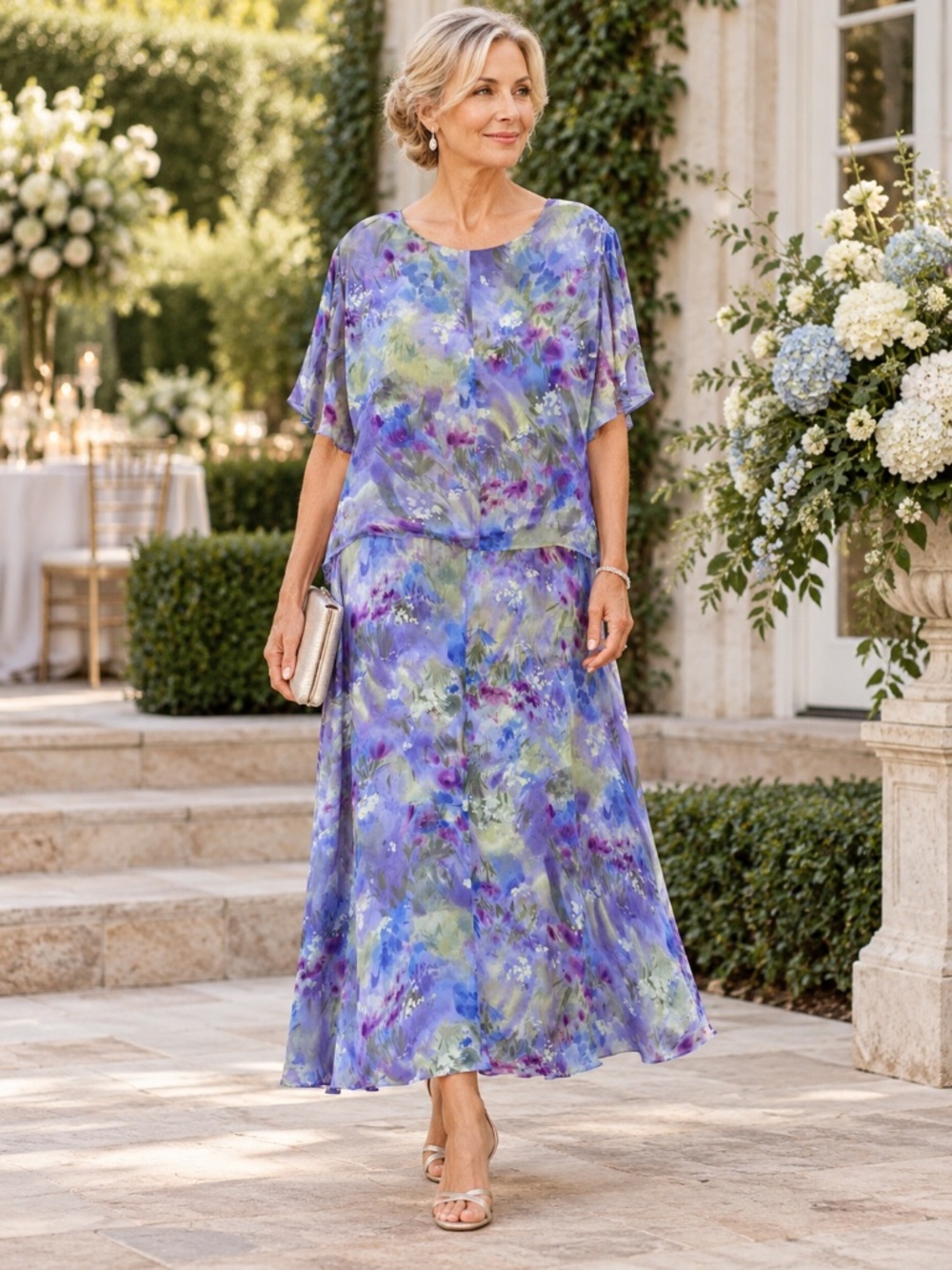 Coldwater Creek 100% Silk Floral Maxi Dress 20W Mother of Bride